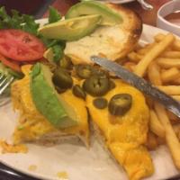 South of The Border Grilled Chicken Sandwich · Served with coleslaw & pickle on a hard roll. With avocado, jalapenos, cheddar cheese and sa...