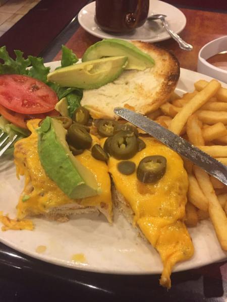 South of The Border Grilled Chicken Sandwich · Served with coleslaw & pickle on a hard roll. With avocado, jalapenos, cheddar cheese and salsa.
