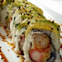 Dragon Fly Roll · Crab tempura and shrimp tempura, mayo, cream cheese, masago, scallions and avocado on top.