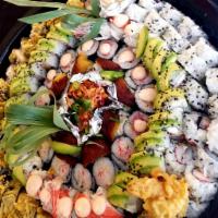 Large sushi tray · 2 cali, 1 doral, 1 spicy crab, 1 dragon ,1 habana, 1 unami, 1 bagel temp, 2 shrimp tempura,1...