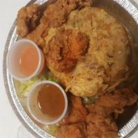 Mofongo de PECHURINAS /chicken mofongo · FRIED MASHED PLANTAIN WITH GARLIC AND HOME MADE SEASONED, SERVED WITH CHICKEN  SALAD AND WAS...