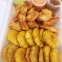 FRIED SHRIMP/CAMARONES FRITO · Served with Totones, FRIES or RICE AND BEANS.