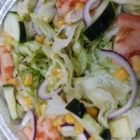 Garden Salad · Lettuce, peppers, tomatoes and cucumber with avocado and carrot.