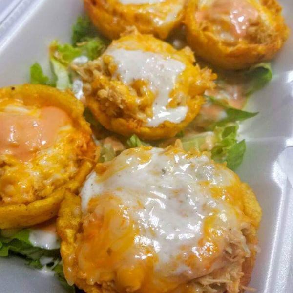 Beef Mofonguitos · Mashed plantain cups filled with your choice of meat, cheese, and  special house sauce