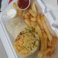 Chicken Burrito · Large whole wheat tortilla filled with chicken,  rice, beans, tomatoes, onions, avocado, moz...