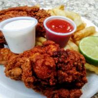 4 piezas pica pollo · Served with tostones or fries.