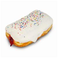 Strawberry Go-Tart · Breakfast nostalgia but in doughnut form. Strawberry filling with vanilla frosting and poppi...
