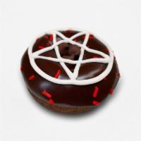 Diablos Rex · Chocolate cake doughnut with chocolate frosting, red sprinkles, a vanilla frosting pentagram...