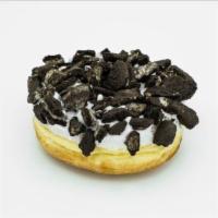 Vegan Dirt · Vegan raised yeast doughnut with vanilla frosting and chocolate cream-filled cookies.
