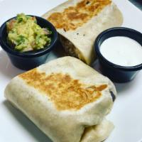 Burritos · Served with rice and refried beans.