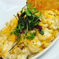 Mac & Cheese · Creamy 3 cheese with sauteed shrimp and bacon, au gratin with shredded cheese and herb bread...