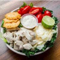 Kale Caesar Salad · Kale, romaine, cherry tomato, Parmesan, Parmesan crisps, baked chicken, Caesar dressing and ...