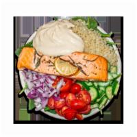 Protein Power Bowl · Spinach, Brown Rice, Cucumber, Red Onions, Cherry Tomatoes, Hummus, Salmon
