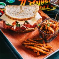 Blazing Chicken Sandwich · Flaming hot Cheeto fried chicken, Monterey jack cheese, jalapenos and creamy ranch. Served o...