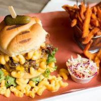 Mac & Cheese Burger · 100% Ground Angus Beef Pattie, topped with melted cheddar ,smoked bacon, caramelized onions,...