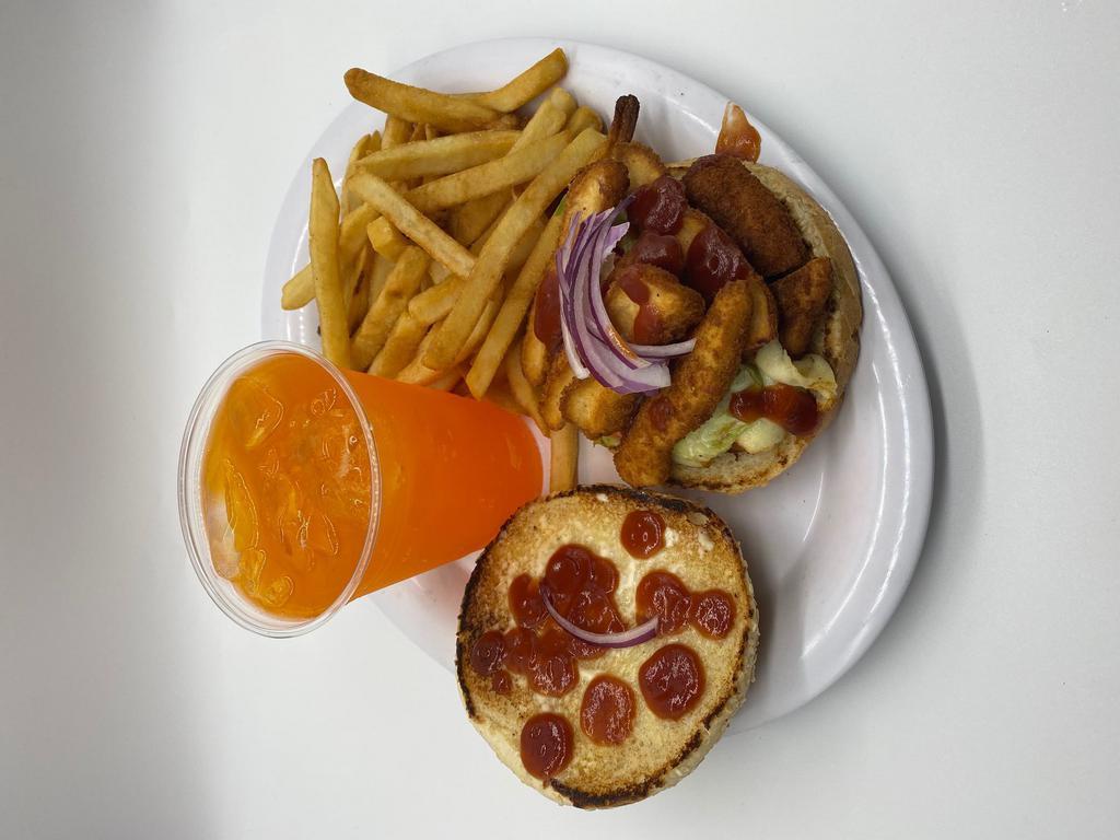 Buffalo Deluxe Sandwich · Buffalo sauce, fried chicken, bacon, lettuce, tomato, onion and cheese, served with fries and soda