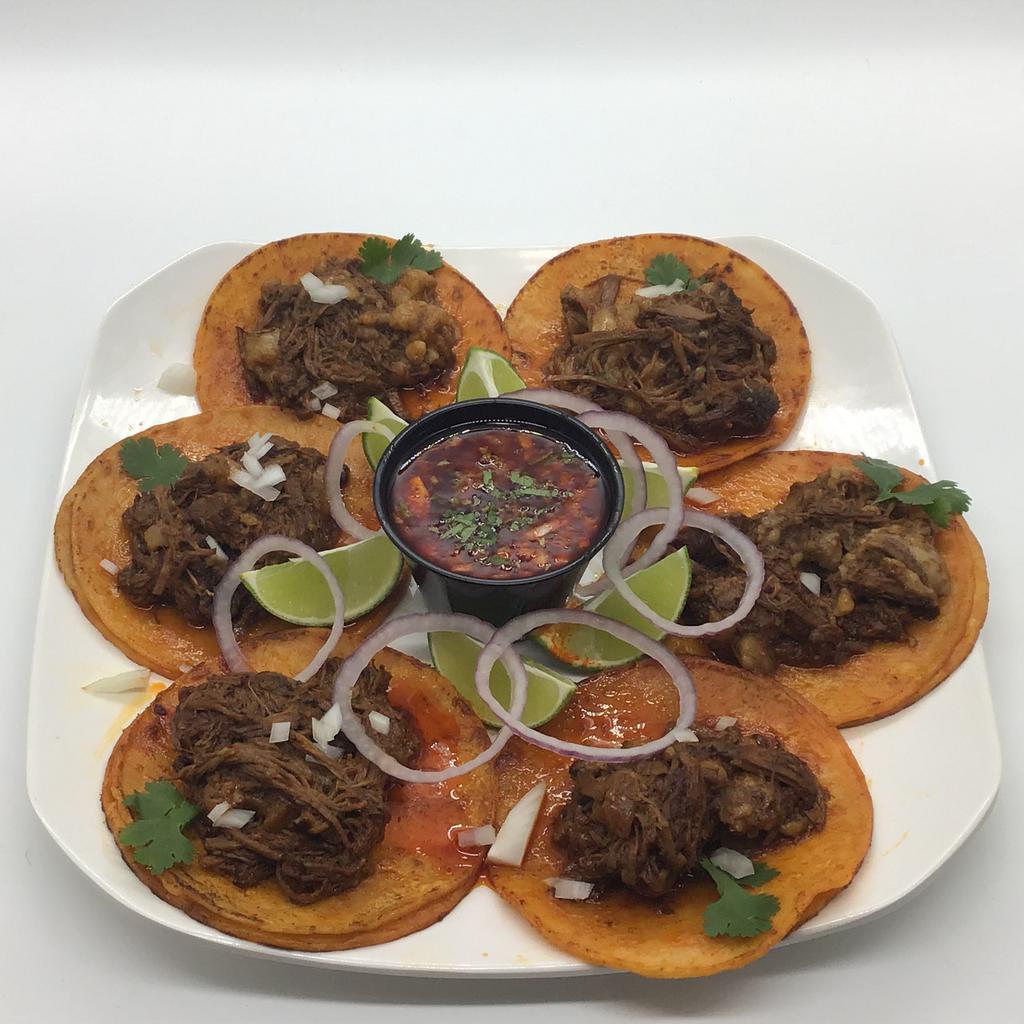 6 taquitos de birria  ·  Seasoned Shredded meat, Slightly spicy, served with their own broth.