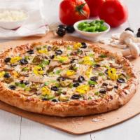 Veggie Pizza · Bell peppers, mushrooms, onions, black olives, banana peppers and jalapeño peppers.