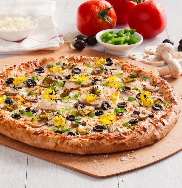Veggie Pizza · Bell peppers, mushrooms, onions, black olives, banana peppers and jalapeño peppers.