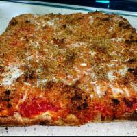 Oreganata Pizza · Thick crust square covered in seasoned oreganata breadcrumbs.