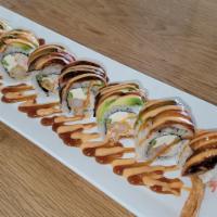 Super Dragon Roll · Fried shrimp, cream cheese, crab mix, cucumber topped with baked eel and avocado. Spicy mayo...