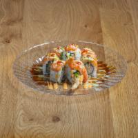 Tango Roll · Fried shrimp tempura cucumber, crab meat, on top fresh salmon, avocado, spicy sauce, spicy m...