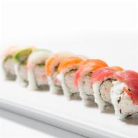 Rainbow Roll · Inside: California Roll; Top: Tuna, Salmon, Red Snapper, Cooked Shrimp, Avocado