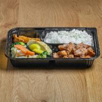 Hibachi Chicken Bento · Hibachi Chicken, Steamed Rice, Stir-fry Vegetables, and Japanese Side Dish; Fried Shrimp, Fr...