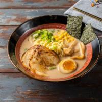 #1 Tonkatsu Shoyu Ramen 豚骨拉面 · Chashu pork, 1/2 marinated egg, bamboo shoots, corn, wakame, scallions and nori.
