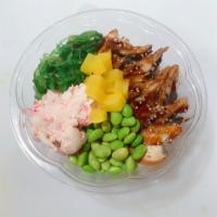 Unagi Bowl · Unagi, crab salad, edamame, seaweed salad, green onion and pickled with rice or salad  on th...