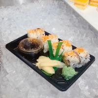  California Roll · immitation crab meat, avocado, cucumber with fish egg on top. 