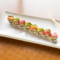 Rainbow Roll · Raw. California rolls with assorted fish on the top.