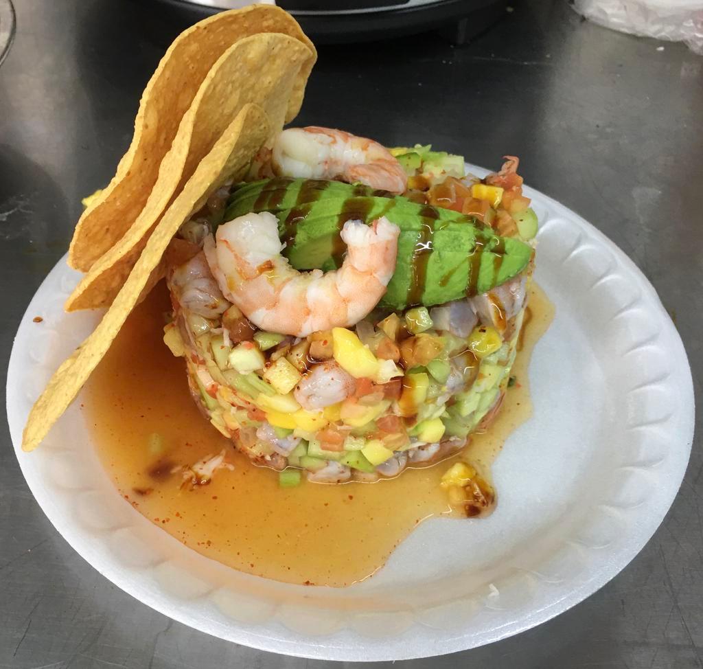 01 - Ceviche de Camaron / Shrimp Ceviche · Tons of Fresh Shrimp and Veggies in a mouth watering mix of flavors!
Comes with Tostadas