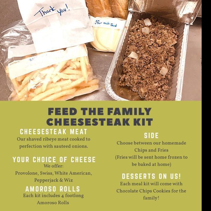 Cheesesteak Meal Kit · Build Your Own Cheesesteak Kit:
Each kit comes with 4 Amrosos Rolls, our Classic Cheesesteak meat cooked with sautéed onions & your choice of cheese. It also includes your choice of side - Chips or Fries (Fries will come FROZEN to be baked at home).