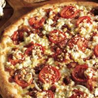 White Cheezy Pizza · 4 types of cheese including feta, bacon, onions, sliced tomatoes, garlic butter sauce.