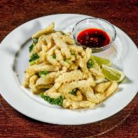HA03. Fried Calamari · Light cornstarch batter, stir-fried with green onion and Jalapeno pepper, served with homema...