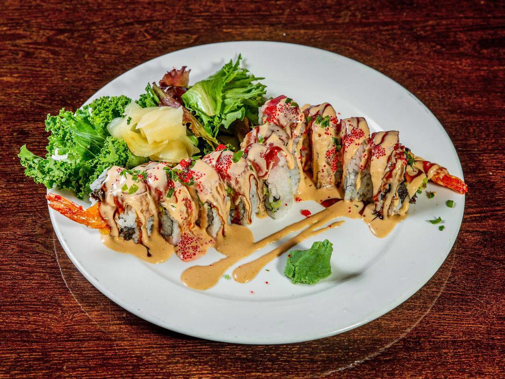 1. China Fortune Roll Lunch  · Tempura salmon, tempura shrimp with avocado, cream cheese and topped with spicy tuna, green onion, eel sauce and spicy mayo.