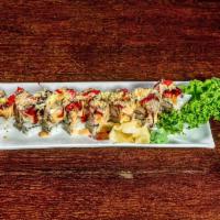 7. Hungry Roll Lunch  · Crab meat, avocado, spicy salmon, topped with smoked eel, fish egg, green onion, spicy mayo ...