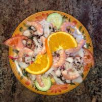 Botana Mixta · Seafood mix Includes fish ceviche, imitation crab, octopus, shrimp, and avocado.