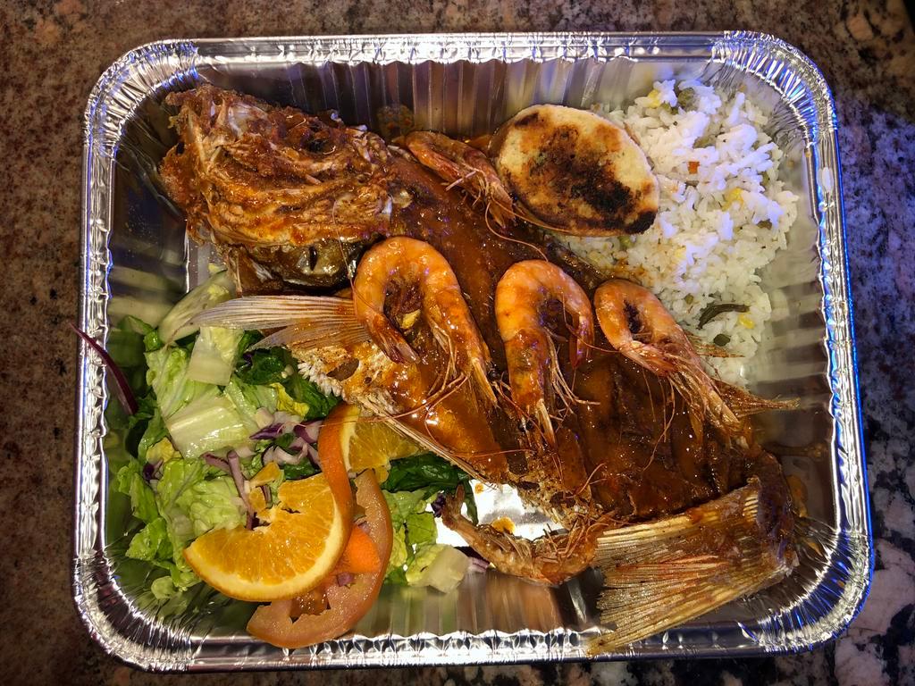 Huachinango la Playa · 2 lb fried red snapper topped shrimp and a mild spice house and served with white rice,seasoned fries, salad and garlic bread.