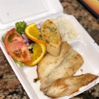 Fillete a la Plancha · Grilled fish fillet served with white rice,seasoned fries, salad and garlic bread.
