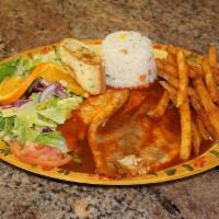 Fillete a la Diabla · Fish fillet in spicy diabla sauce served with white rice,seasoned fries, salad and garlic br...