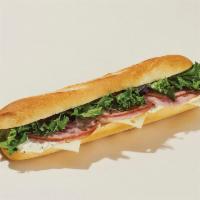 Pret's Famous Ham & Cheese Baguette · Sliced Niman Ranch Applewood Smoked ham (antibiotic-free), Swiss cheese, and mesclun with wh...