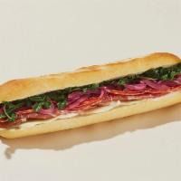 Pret's Italian Baguette · Prosciutto, sopressata, and provolone layered on a freshly baked baguette, topped with pickl...