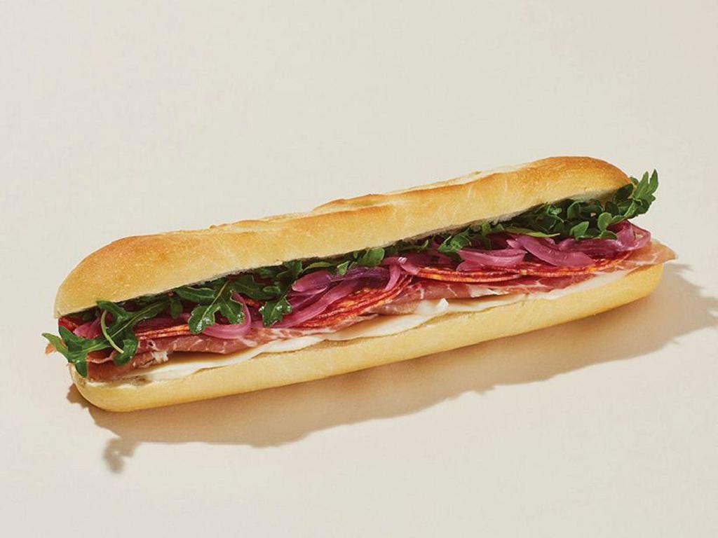 Pret's Italian Baguette · Prosciutto, sopressata, and provolone layered on a freshly baked baguette, topped with pickled red onions, cage-free mayo, and arugula.