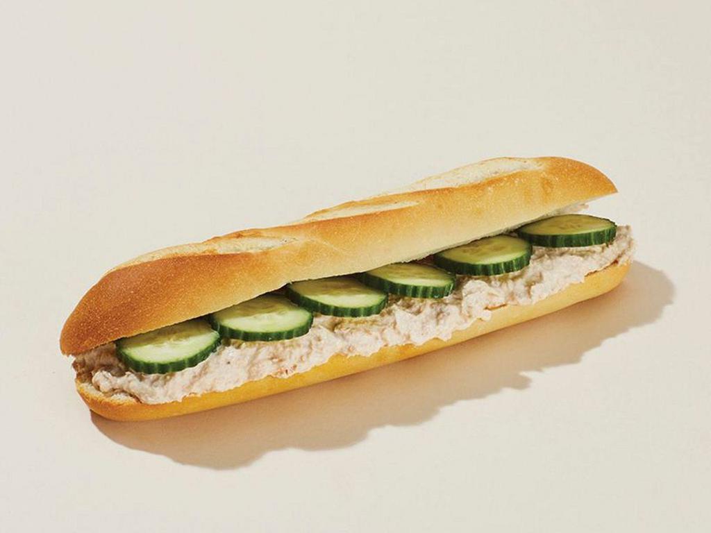 Pret's Tuna & Cucumber Baguette · A simple yet delicious recipe featuring lightly seasoned pole & line caught tuna and freshly sliced cucumbers, served on a freshly baked baguette.