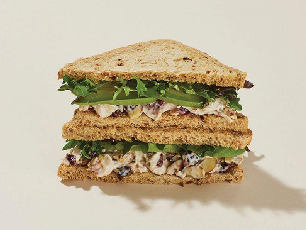 Pret's Chicken Salad & Avocado Sandwich · Grilled chicken (ABF) tossed with cage-free mayo, whole grain mustard mayo, dried cranberries and sliced almonds to make a delicious chicken salad topped with sliced avocado, and mesclun on multi-grain bread.