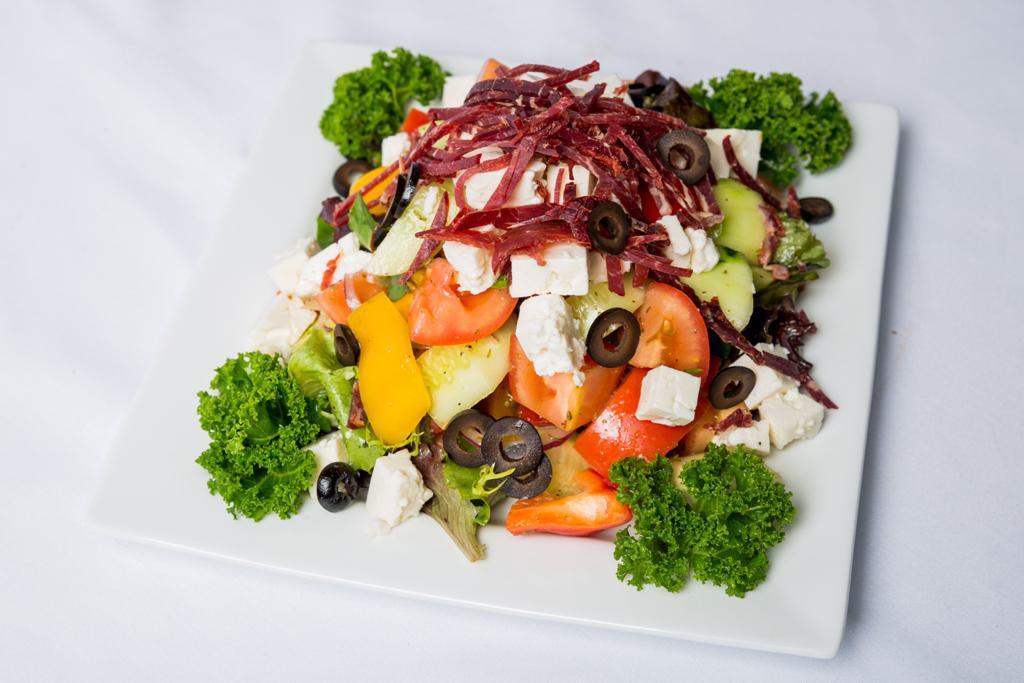 Greek Salad · Bouquet from fresh vegetables with Greek cheese.
