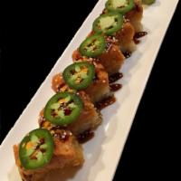 Crispy Rice with Spicy Tuna · With avocado, arare, sweet sauce.