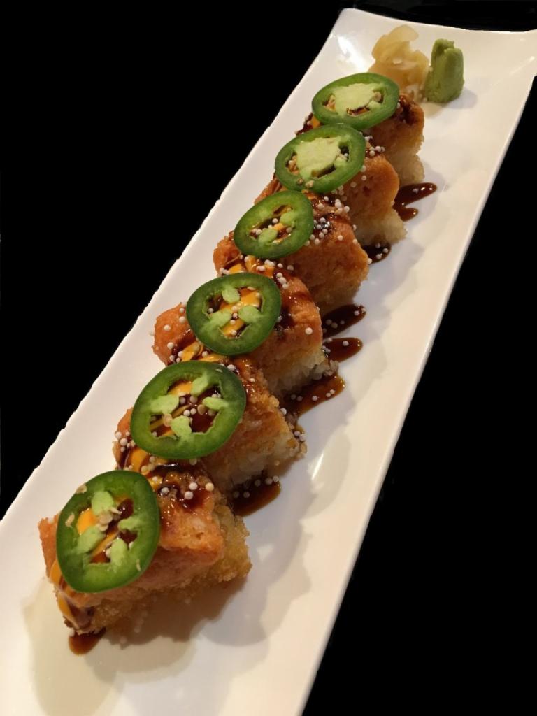 Crispy Rice with Spicy Tuna · With avocado, arare, sweet sauce.
